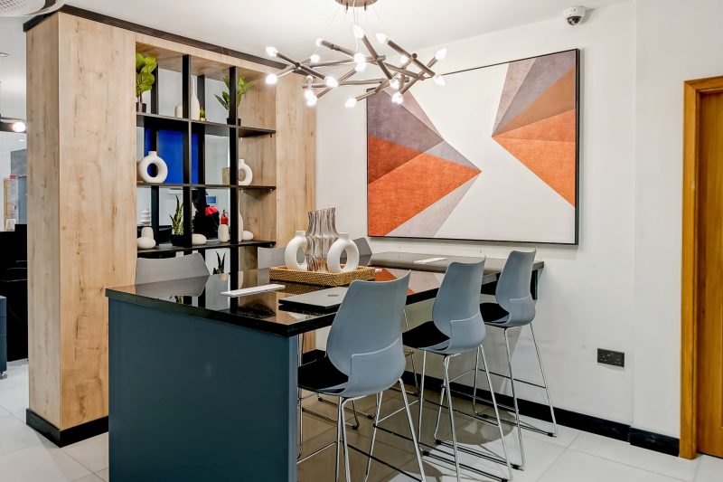 Co-working breakout bar with high stools at HQ Mombasa serviced offices, City Mall Nyali